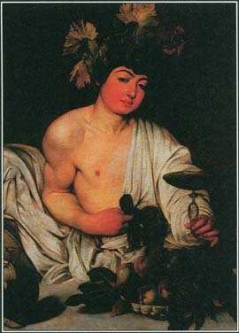 Dionysus, the Greek god of wine and fertility, was known to the Romans as Bacchus. This painting, completed by Caravaggio in the late 1590s, shows the youthful god crowned with grape leaves.