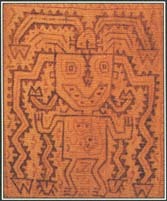 The figure in this Inca textile wears a decorative headdress with a sky dragon. Worship of the sun and sky played a central role in the mythology and religion of the Inca people.