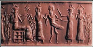 In a story from Mesopotamian mythology, Zu, a bird god from the underworld, stole the tablets that provided control over the universe. On this stone tablet from around 2200 B.C, Zu stands before the water god Ea for judgment.